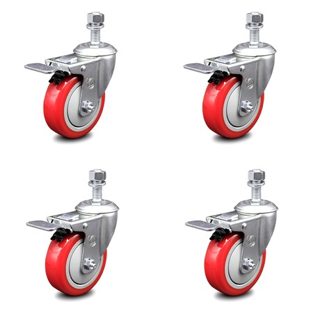 Service Caster 4 Inch Red Polyurethane Swivel 12mm Stem Caster Set with Total Lock Brake SCC-TSTTL20S414-PPUB-RED-M1215-4